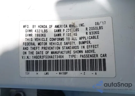 2017 Honda Accord Sport from USA, damaged, VIN 1HGCR2F50HA273464